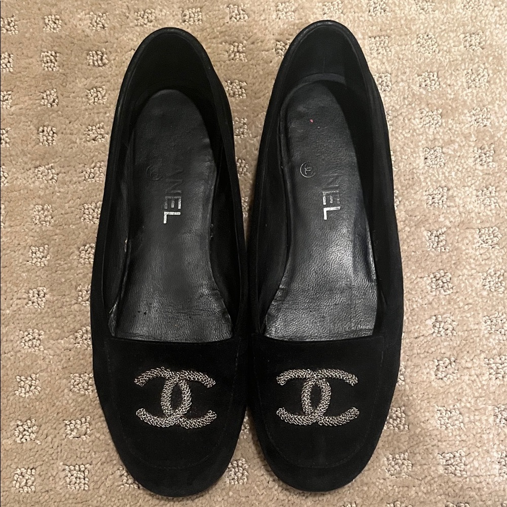 CHANEL Black and Silver Loafers
